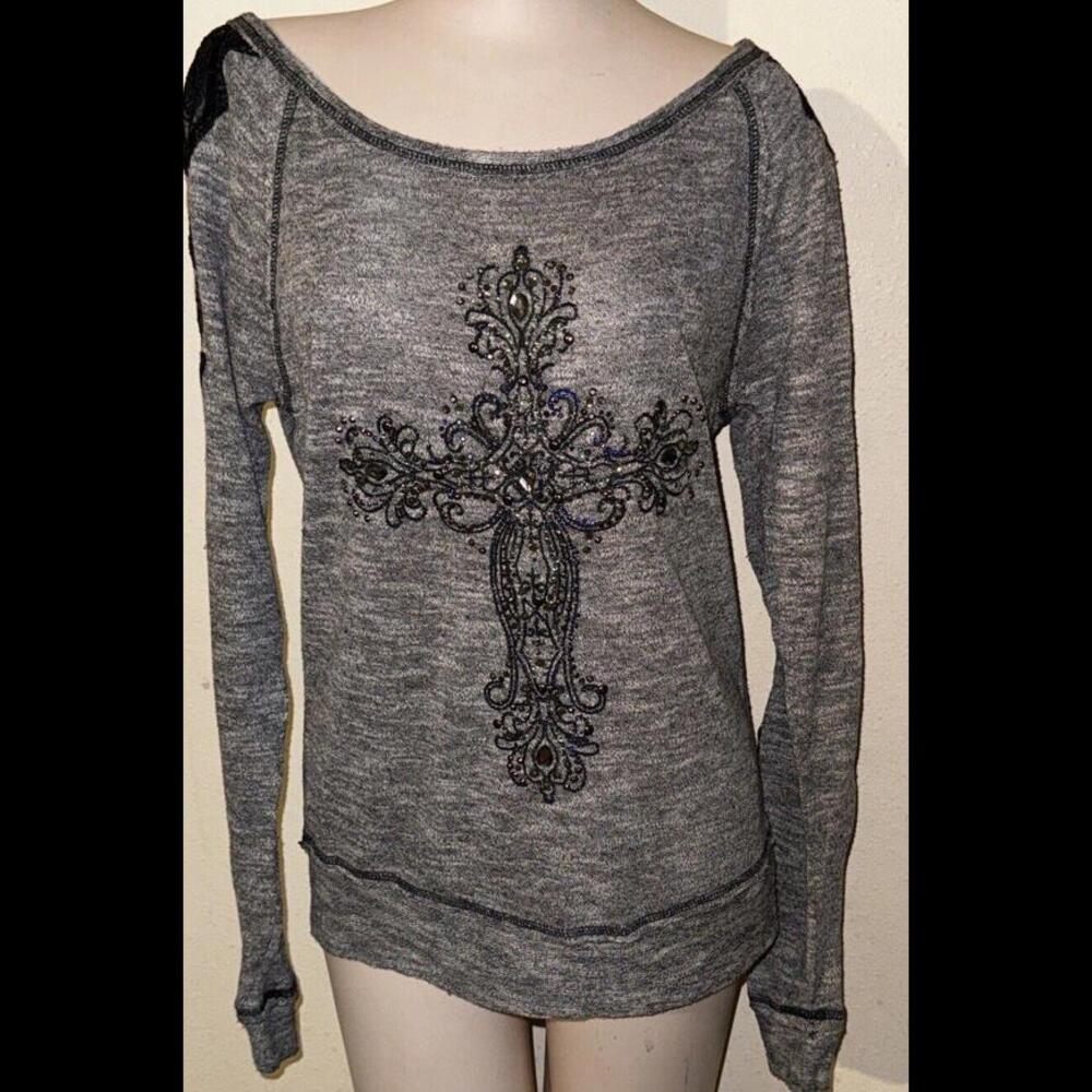 Miss Me Gray W/ Black Lace On Sleeves Bling Cross Top Shirt Blouse Sz S
